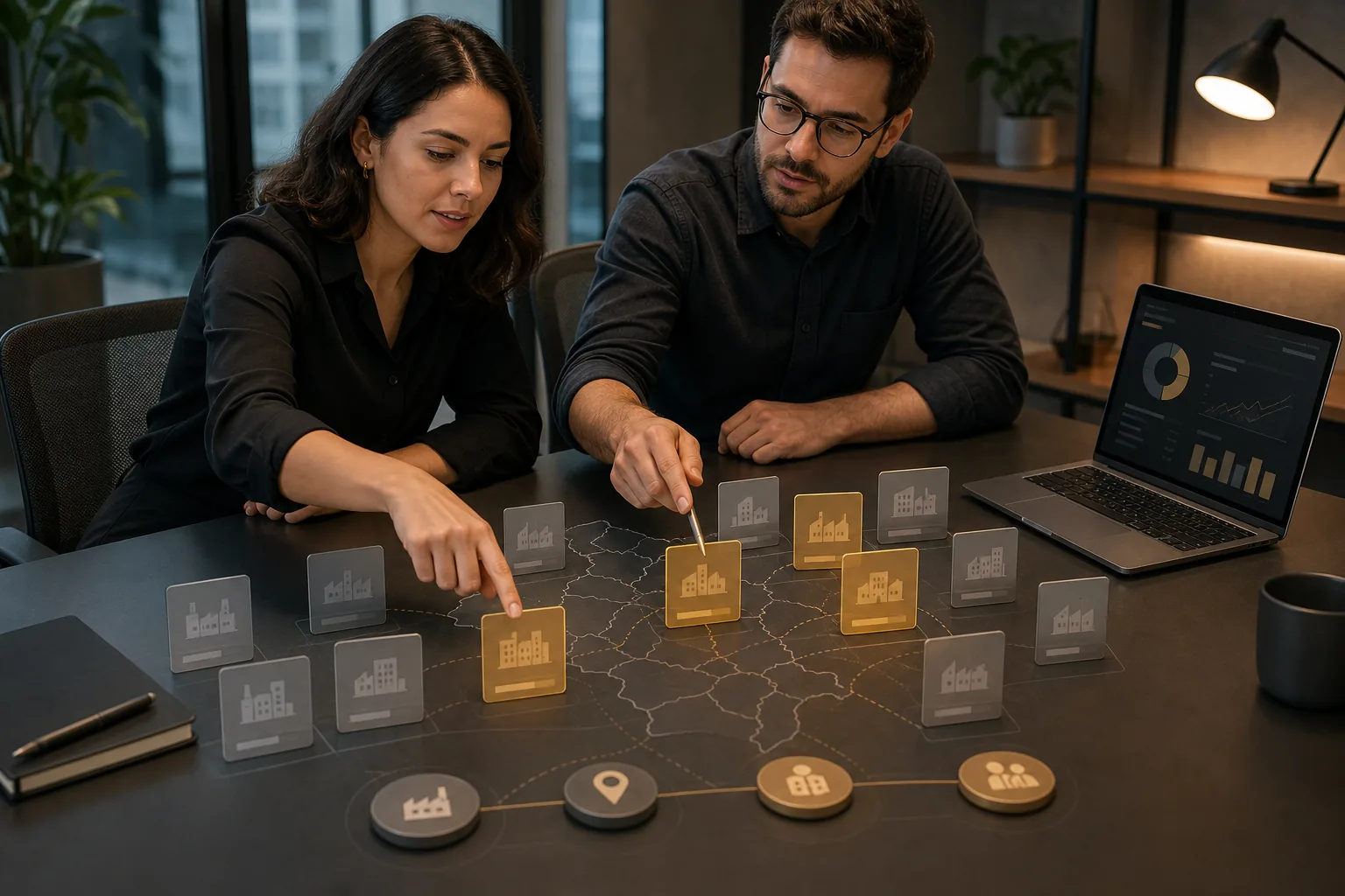Equipe de marketing selecionando empresas por setor, localização e perfil