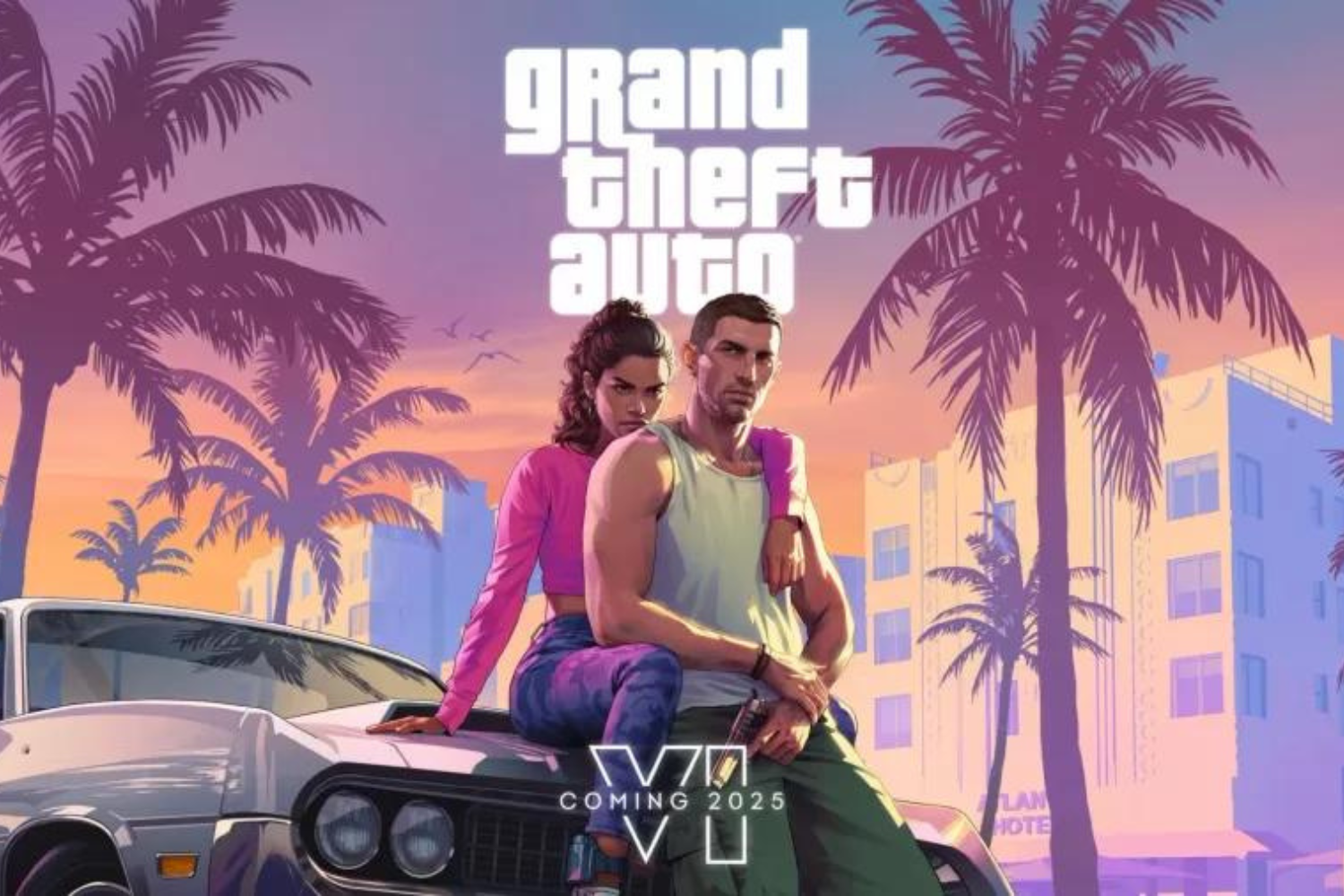 Arte oficial de Grand Theft Auto VI com Jason e Lucia sobre um carro em Vice City ao pôr do sol